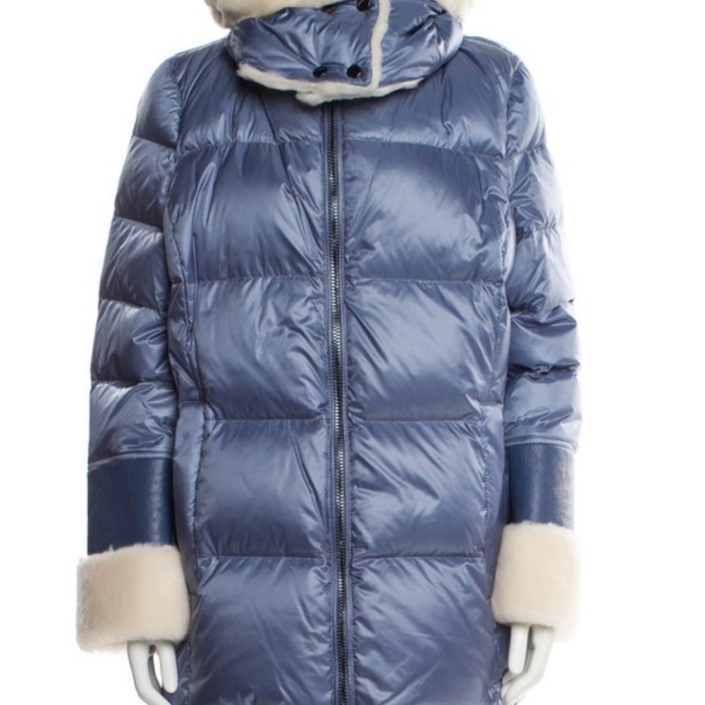 Dawn Levy Blue Puffer Down Coat with shearling Cream Trim XL